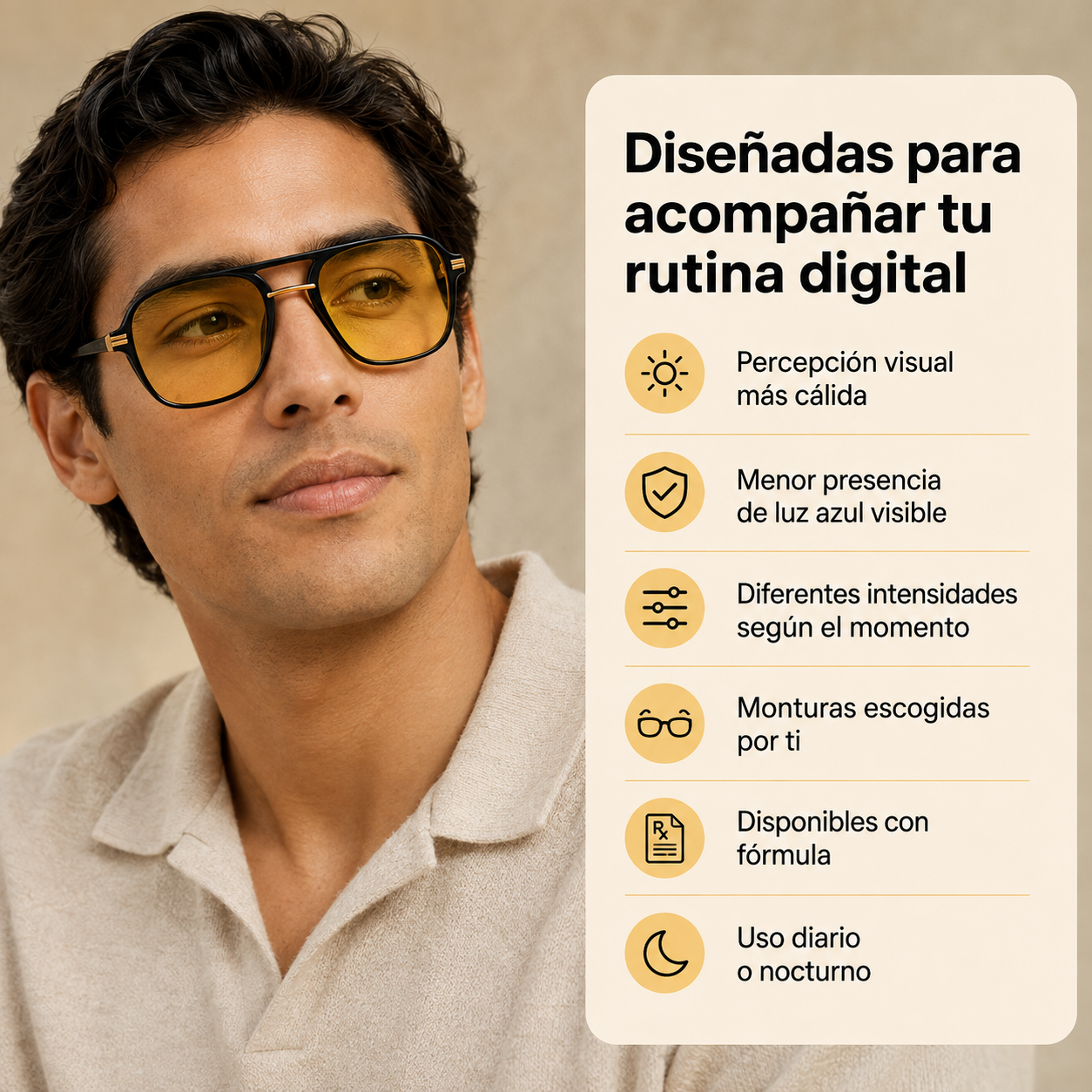 Hombre con gafas BlueBlock ámbar junto a sus características principales