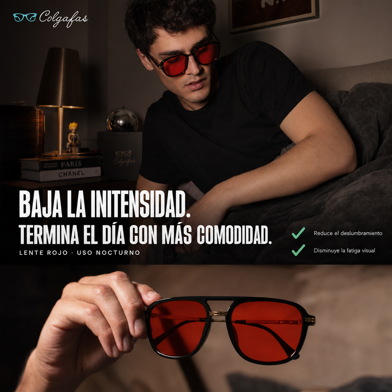 Hombre usando lentes BlueBlock rojos durante su rutina nocturna
