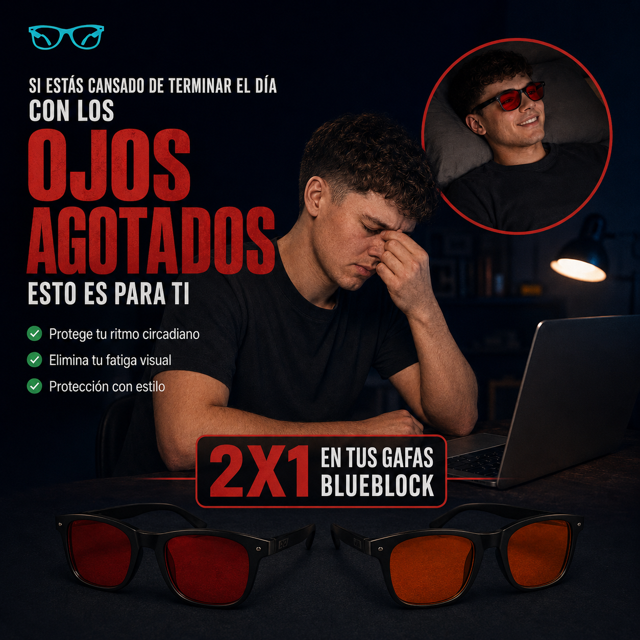 Rutina nocturna con gafas BlueBlock rojas y naranjas