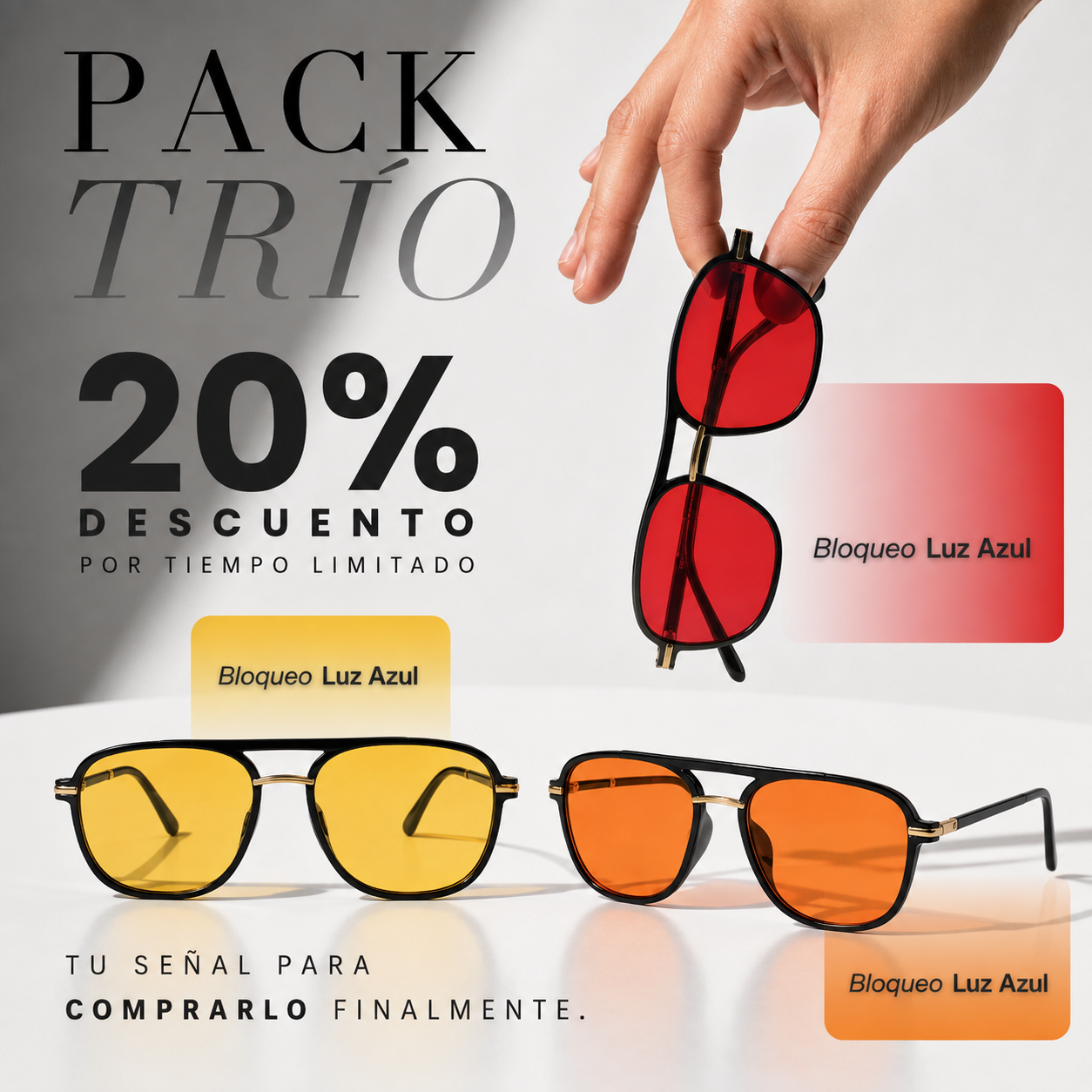 Pack Trío BlueBlock con lentes ámbar, naranja y rojo
